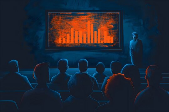 Conceptual Illustration of Audience Watching Presentation on Data Analysis. The image captures the importance of data interpretation in decision-making processes.