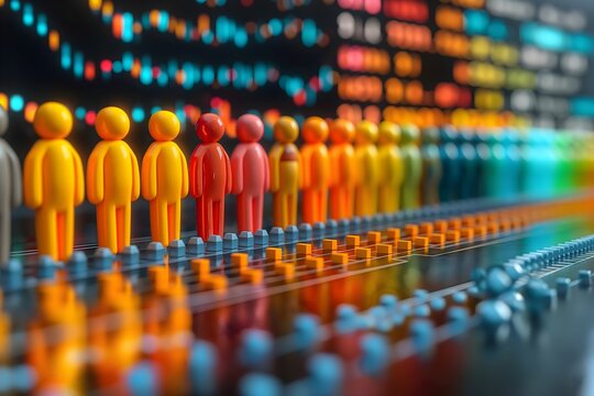 Colorful Data Visualization with Figures. Abstract representation of data visualization using colorful figurines and charts. The image creatively illustrates the concept of data analysis and statistic