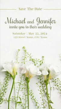 Green Flowers Floral Wedding Invitation. Vertical Stories Opener for Social Media.