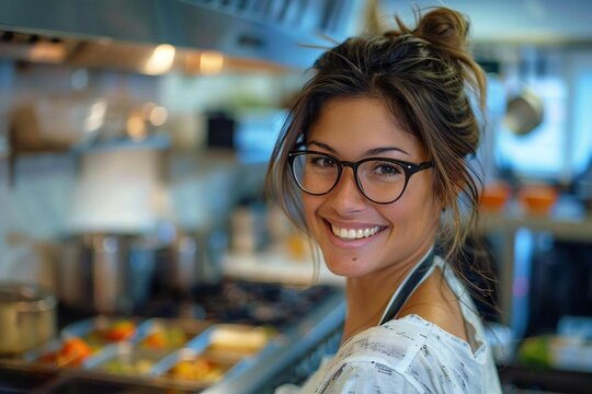 Beautiful woman with a big smile and a pair of eyeglasses happily cleaning the kitchen worktop.