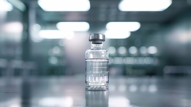 Close-up of a single clear vial on a reflective surface in a laboratory setting, with blurred background lights and scientific equipment.