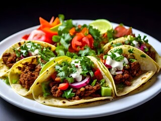 Mexican tacos on a plate with beef in tomato sauce and salad