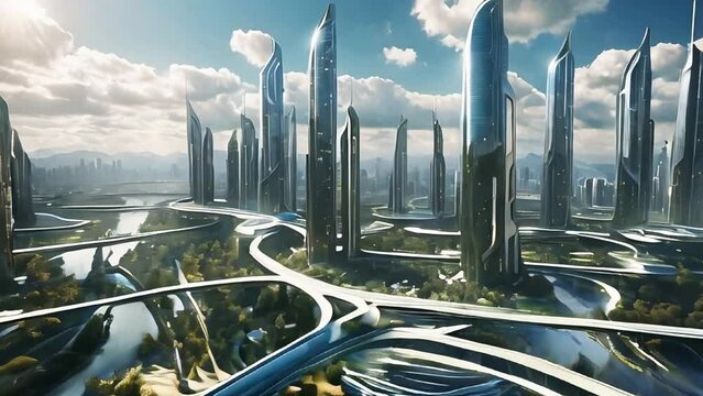 futuristic city with sleek skyscrapers, sky bridges, green rooftop gardens, and advanced transportation