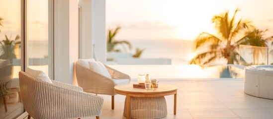 A white patio with a table and two chairs by AI generated image