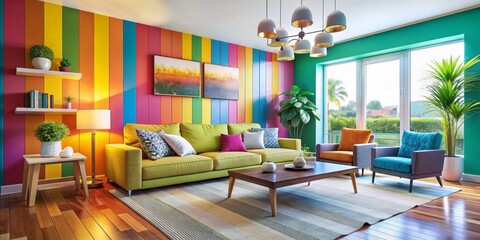 Vibrant living room boasts custom interior and eclectic walls
