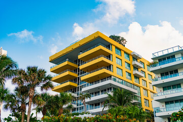 Modern residential building. Architectural building in Miami south beach. Architectural perspective. City architecture. Architecture of modern residential building. Perspective city condominium