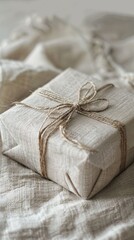 Gift wrapped in natural fabric with twine bow, eco-friendly packaging concept