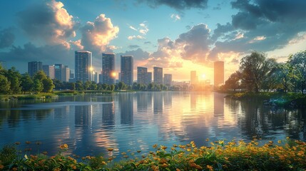Fototapeta premium Realistic photo of a city skyline with renewable energy sources, highlighting sustainable development efforts. , Minimalism,