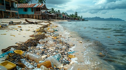 Realistic photo of a polluted beach in a densely populated area, showcasing the environmental justice issues faced by coastal communities. , Minimalism,