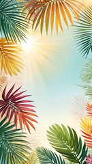 Palm leaves on a gentle background, a lot of empty space, space for text. View from above