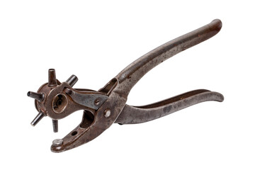 Tailoring accessories. Closeup of a antique adjustable Steel punch pliers or hole punch tool...