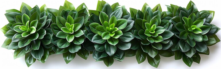 Fototapeta premium Lush artificial succulent plants are arranged in a row, creating a beautiful and realistic looking hedge. The vibrant green color of the plants adds a touch of nature to any space