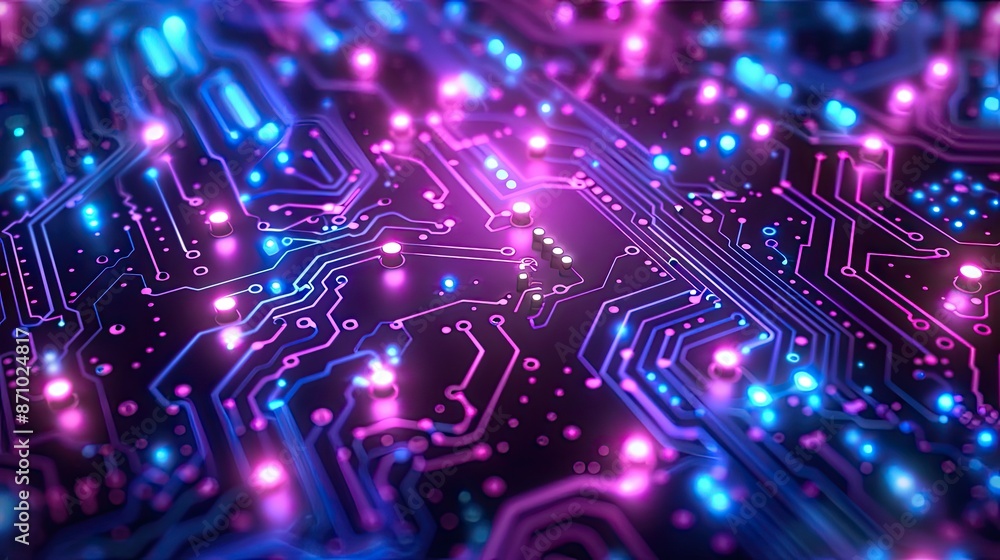 Wall mural futuristic neon-lit circuit board with vibrant purple and blue glowing pathways and electronic compo