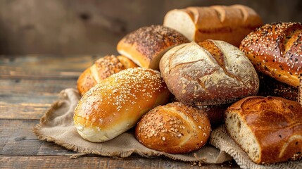 A variety of freshly baked bread loaves and rolls displayed on a rustic wooden table, showcasing different textures and grains