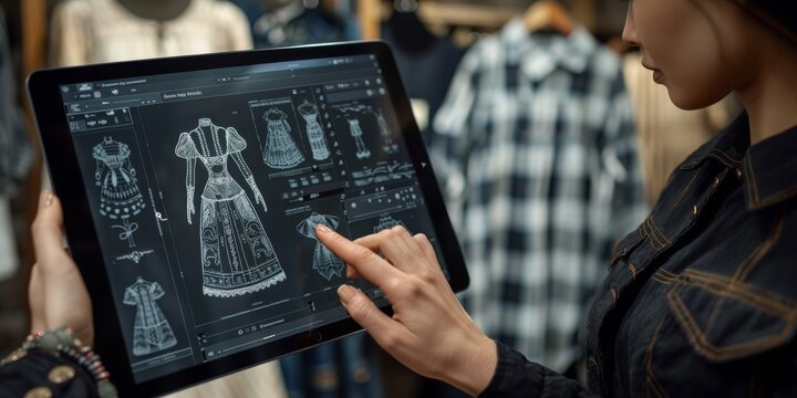 Designer Using Tablet for Fashion Sketches. Fashion designer working on a tablet to create digital sketches of dresses, in a studio setting with fabric samples around. Banner with copy space