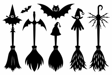 Witch brooms. Set of black silhouettes of brooms isolated on a white background. Vector illustration