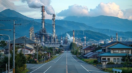 Realistic photo of an industrial plant in a residential area, showcasing environmental justice and public health concerns. , Minimalism,