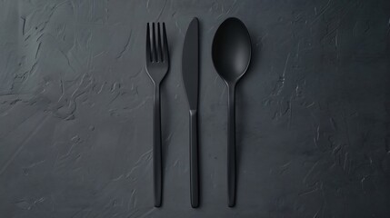Black fork, knife, and spoon lying on a dark gray background, creating a modern and stylish aesthetic for a contemporary dining experience