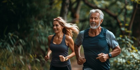 Fototapeta premium Senior man and woman jogging in a forest trail. Outdoor fitness and exercise concept. Banner with copy space