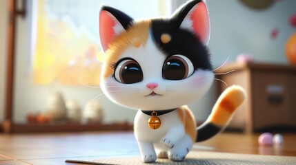 Cute Cartoon Cat with Big Eyes and Bell Collar