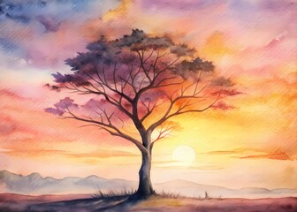 Obraz premium Ethereal silhouette of a lone tree stands majestically against a vibrant warm sunset, its delicate branches stretching towards the heavens, exuding peaceful serenity.
