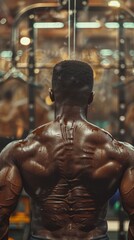 Bodybuilder with muscular back in the gym, rear view. Fitness and strength training concept