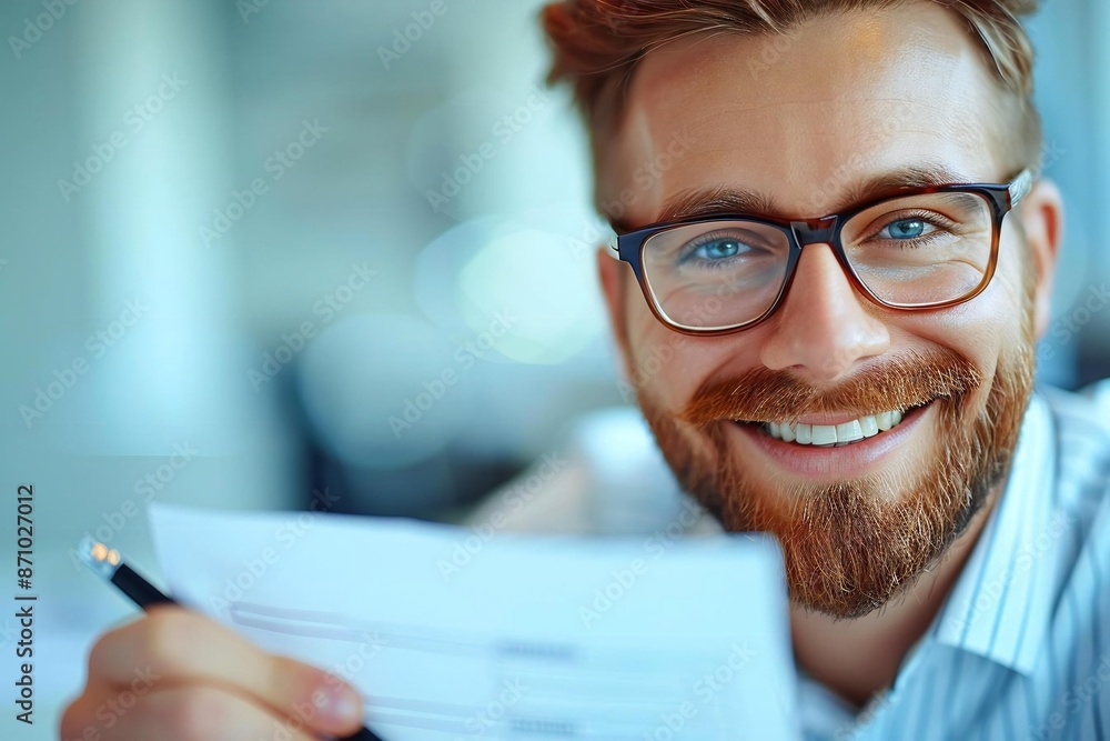 Aufkleber beautiful person with eyeglasses and a well-groomed beard is smiling and marking a checklist with a 
