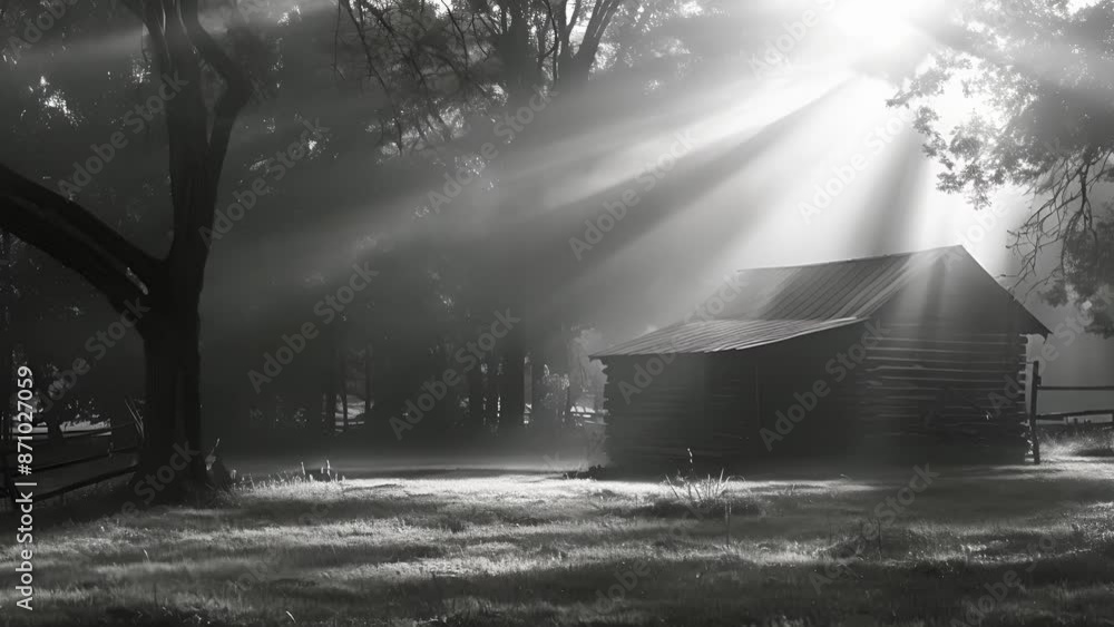 Poster a rustic scene of warmth and serenity created by the suns rays. black and white art