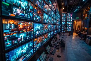A large room with many computer monitors and a few people. Scene is busy and professional