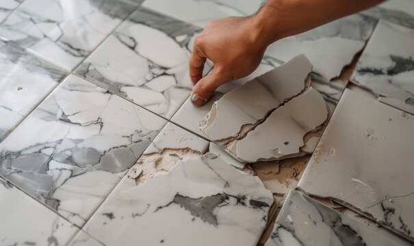 close-up of broken marble tiles being smoothed with sledgehammer on bathroom floor, man's hand holding tile, showing repair and precision work, high detail and focus