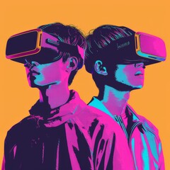 An artistic representation of two young men wearing virtual reality headsets, with vibrant neon colors and geometric shapes in the background