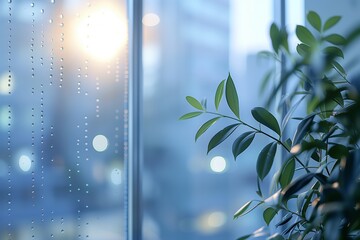 A plant is sitting in front of a window with raindrops on the glass. The plant is green and has leaves