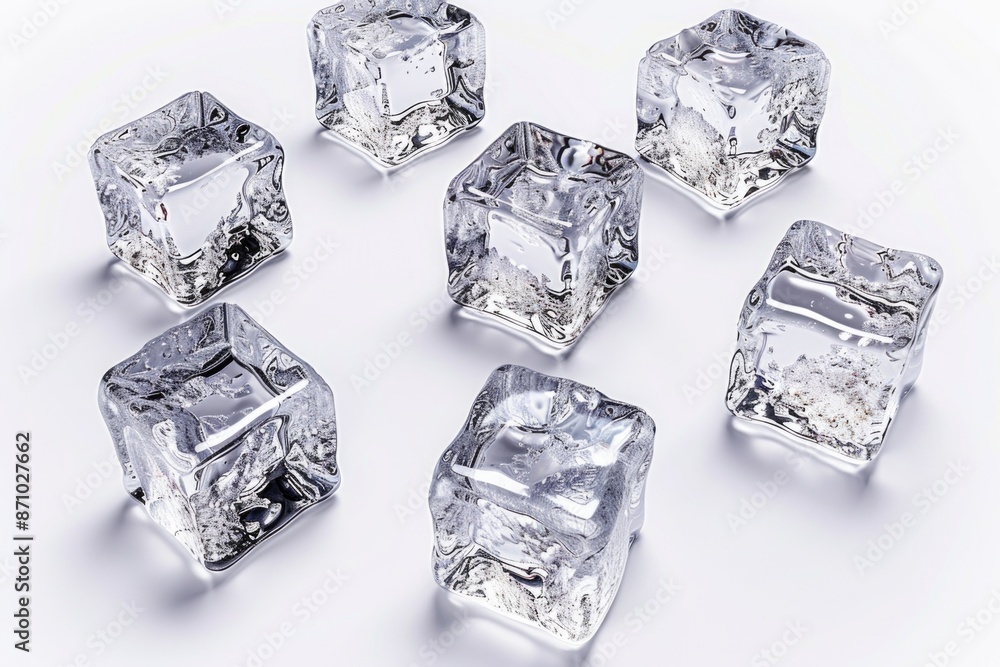 Poster A group of ice cubes sitting on top of a white surface, perfect for use in design projects or as a placeholder image