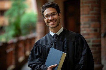 Beautiful male judge in robe holding law book, smiling and wearing eyeglasses.