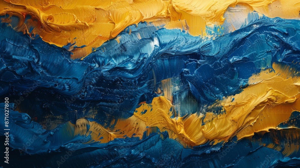 Poster blue and yellow paint texture abstract. a vibrant abstract painting with rich blue and yellow paint 