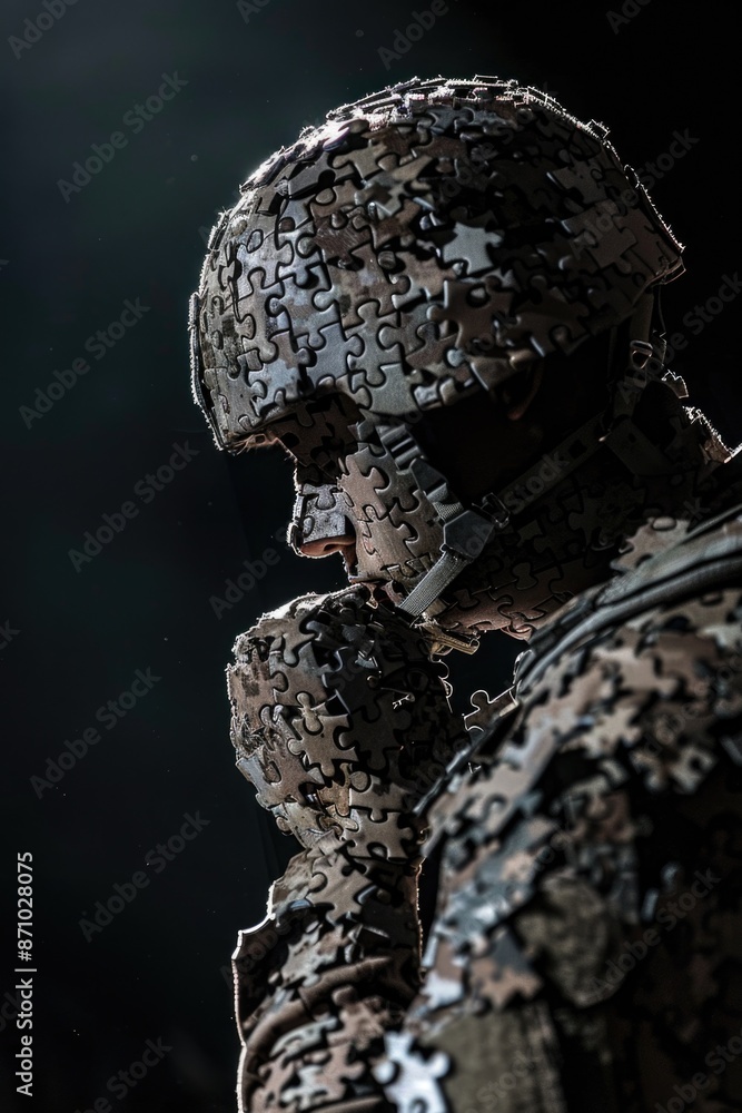 Poster a man wearing a suit composed of interconnected puzzle pieces, conveying creativity and problem-solv