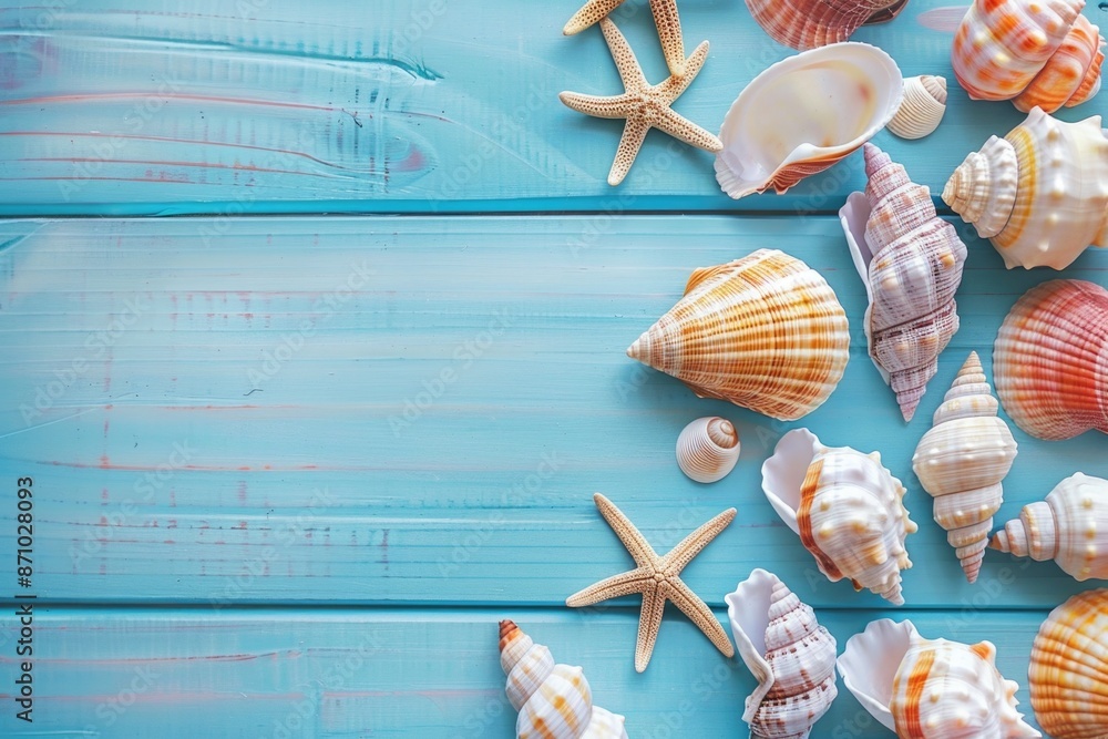 Poster a collection of shells and starfishes displayed on a blue wooden table