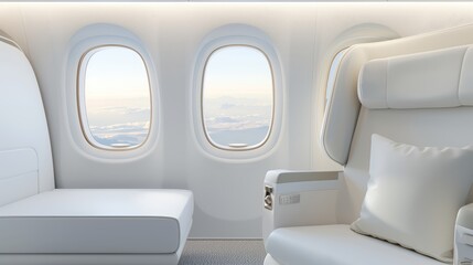 Fototapeta premium Ultra-luxurious first-class airplane seat with large windows, designed for corporate or leisure travelers, featuring premium comfort and modern aesthetics, ample copy space for promotional use