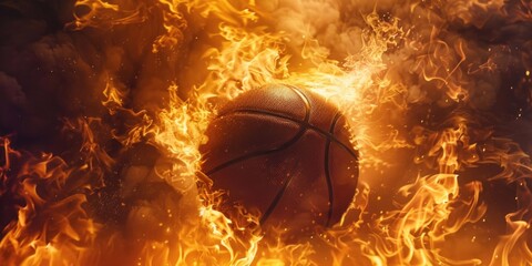 A basketball in flames suspended above ground
