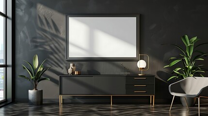 Interior of modern living room with gray walls, tiled floor, black cupboard with horizontal mock up poster frame and armchair