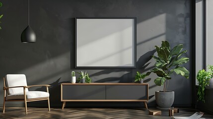 Interior of modern living room with grey walls, wooden floor, comfortable white armchair standing near coffee table and vertical mock up poster frame