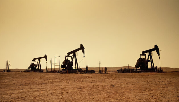 Three oil rigs stand silhouetted against a setting sun in a desert landscape