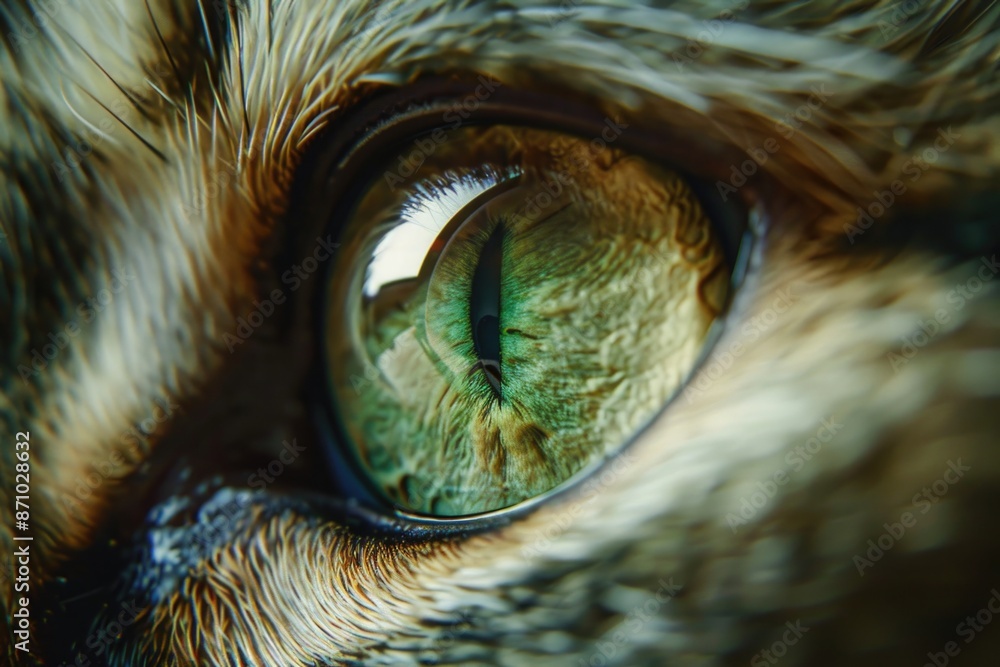 Poster a detailed image of a cat's eye, showing the unique features and markings