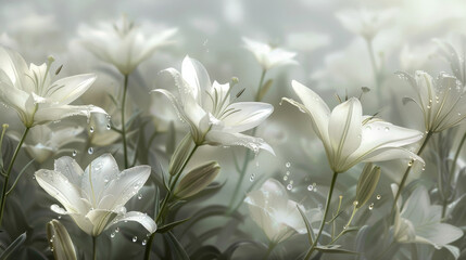Fototapeta premium A field of white flowers with droplets of water on them