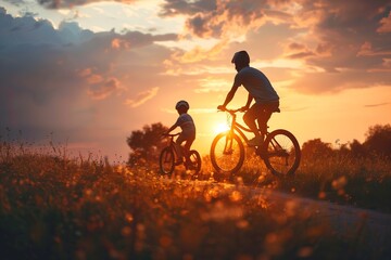 Obraz premium father and son ride a bike in the park