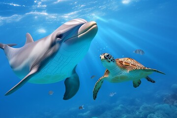 closeup dolphin and turtle underwater