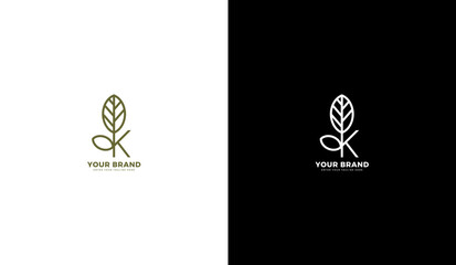 Letter k leaf logo. Minimalist line leaf icon. Graphic vector illustration design