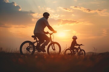 Fototapeta premium father and son ride a bike in the park