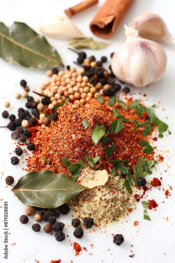 Poster a selection of dried and fresh herbs and spices arranged on a white surface