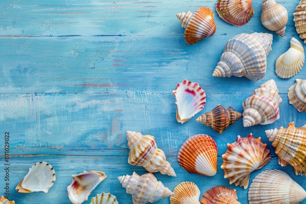 Poster a collection of colorful sea shells arranged on a blue surface